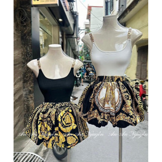 SGC61- sét bộ bí hotgirt, áo 2 dây khoen thun tăm, quần bí phồng họa tiếc vàng đen