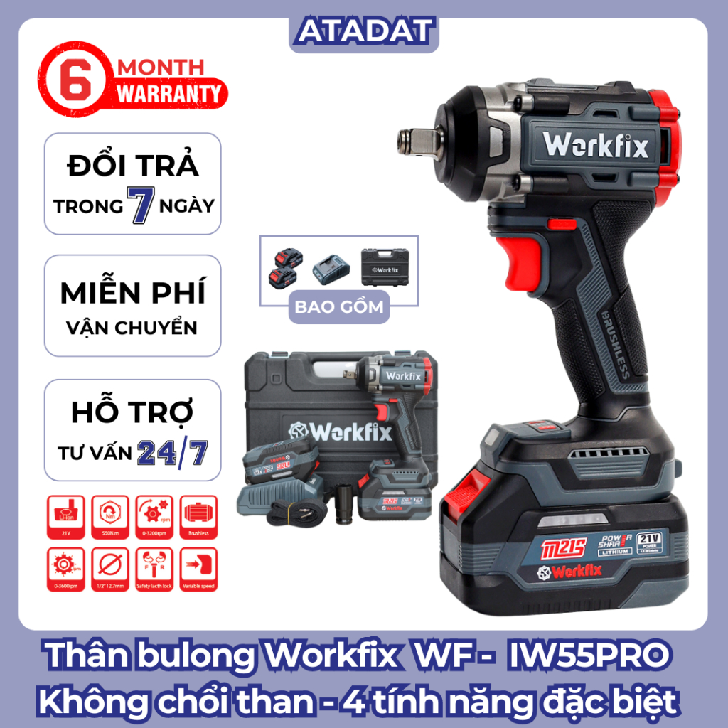 [CHÍNH HÃNG] Máy Siết bulong Workfix WF-IW550PRO Lực siết 550Nm Không chổi than 4 tính năng đặc biệt