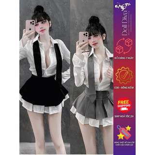 Set Áo Sơ Mi Trắng Phối Cà Vạt Mix Chân Váy Doll Diva Xinh Xắn Quyến Rũ Trendy S1045