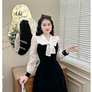 Đầm nữ thời trang mặc đi chơi chất nhung cứng cổ V phối nơ tay voan dài váy xoè cao cấp