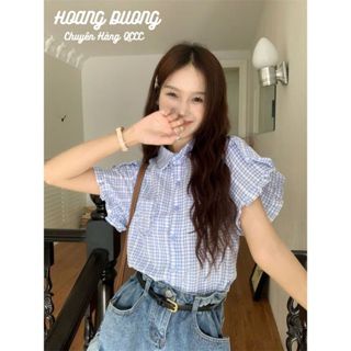 Áo Sơ Mi Tay Ngắn Họa Tiết Caro, Áo Sơ Mi Dáng Ngắn Tay Xèo Thời Trang Mùa Hè Cho Nữ 2024