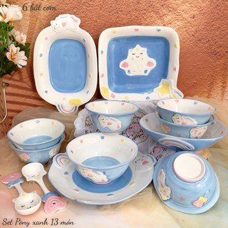 Bộ bát đĩa gốm sứ decor, bát ăn cơm, bát ăn chè, chén dĩa dễ thương bộ bát đĩa pony xanh cực xinh yêu