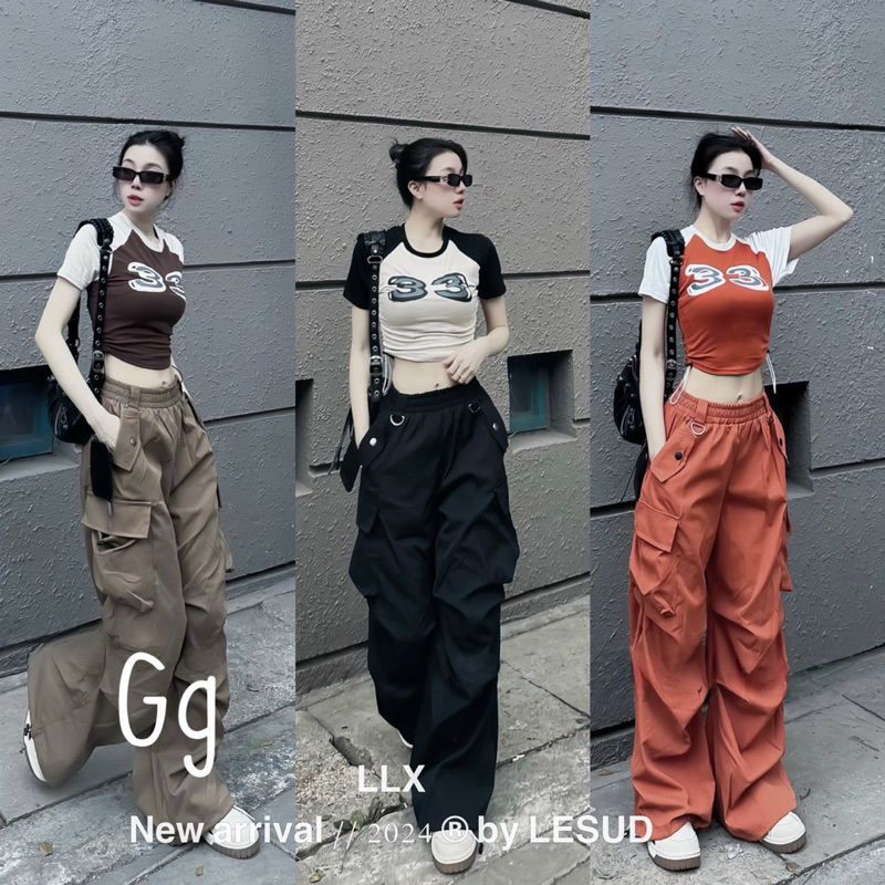 SH5T- sét bộ joger nữ, áo thun tăm phối tay croptop, quần túi hộp chất tuyết mưa