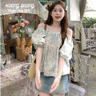 (Sẵn) Áo Sơ Mi Nữ Trễ Vai Hoa Nhí Dễ Thương, Áo Kiểu Tay Trễ Phồng Phong Cách Thời Trang Hàn Quốc Cho Nữ