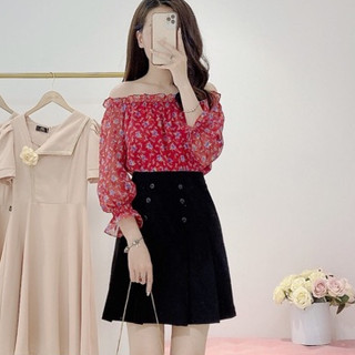 Chân váy xếp li phối cúc dáng ngắn trẻ trung, chân váy công sở trên gối 6 li 2 hàng cúc nhỡ dài 50cm