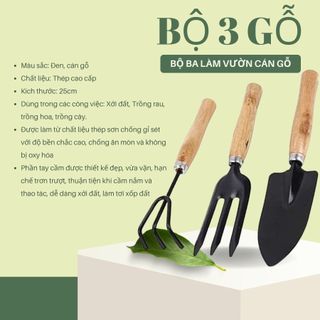 Bộ 3 Gỗ – Bộ 3 xẻng, cuốc, cào mini làm vườn cán gỗ, nhỏ gọn, tiện lợi  (Vườn Sài Gòn)