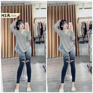 HV [ xả kho] Quần jean ôm loang rách gối lưng cao