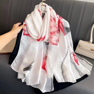 Khăn lụa dài choàng cổ màu trắng họa tiết rau má KLD-134 90x180cm thy thy store
