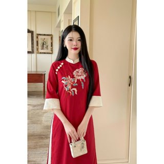 Áo Dài Tết Cách Tân Áo Dài Truyền Thống Dáng Xuông Sắc Đỏ May Mắn Họa Tiết Thêu Phối Màu Trẻ Trung Hiện Đại