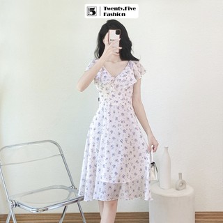 Đầm nữ Twentyfive dáng xòe hoa nhí voan 2 lớp cổ V rộng viền cánh tiên nữ tính SD118