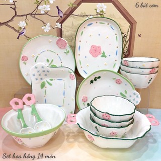Bộ Bát Đĩa Gốm Sứ Decor, Bát Ăn Cơm, Bát Ăn Chè, Chén Dĩa Dễ Thương Bộ Bát Hoa Hồng Xanh Hoạ Tiết 3D cực xinh yêu
