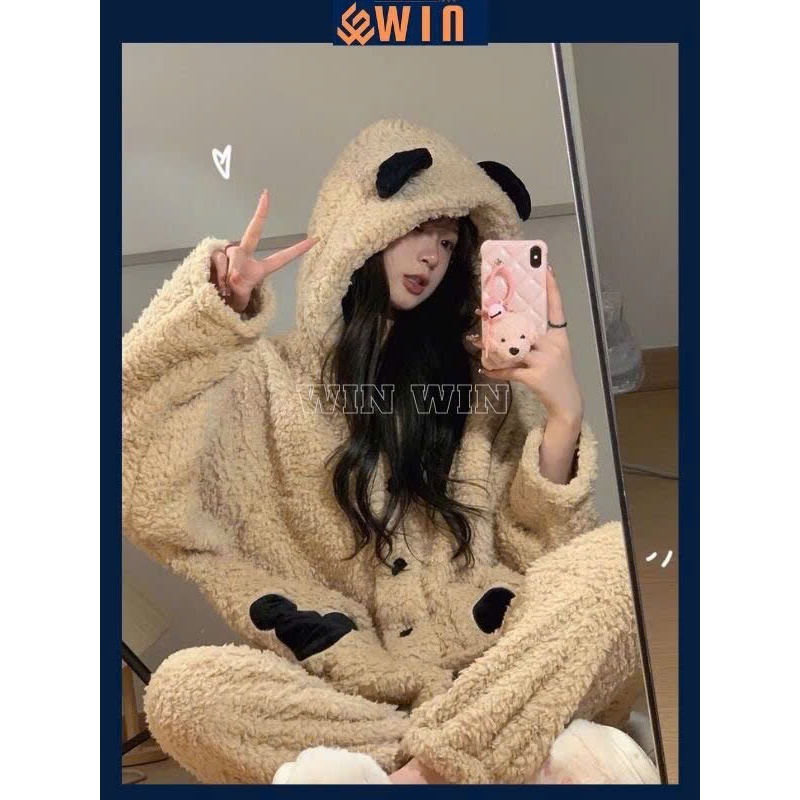 Bộ đồ ngủ lông Thêu túi Mickey dễ thương, Bộ lông mềm mượt dày dặn siêu ấm áp thời trang mùa đông hàn quốc vintage