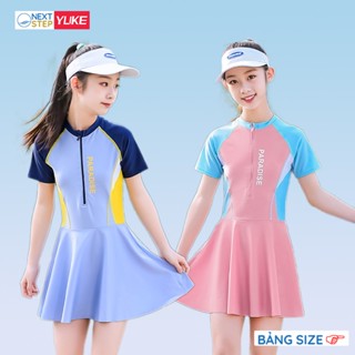 Đồ bơi bé gái, chân váy liền thân tay ngắn, chất vải co giãn, kiểu dáng thể thao phù hợp cho bé từ 22kg – 50kg