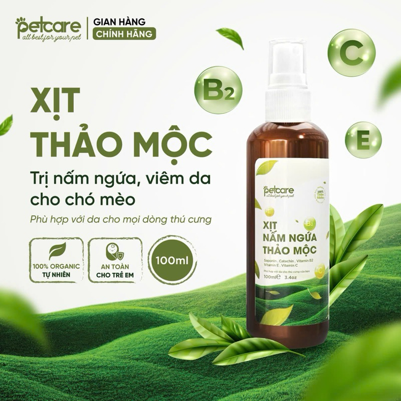 Xịt Nấm Ngứa Thảo Mộc  PETCARE tri nấm, viêm da, ve rận cho Chó Mèo