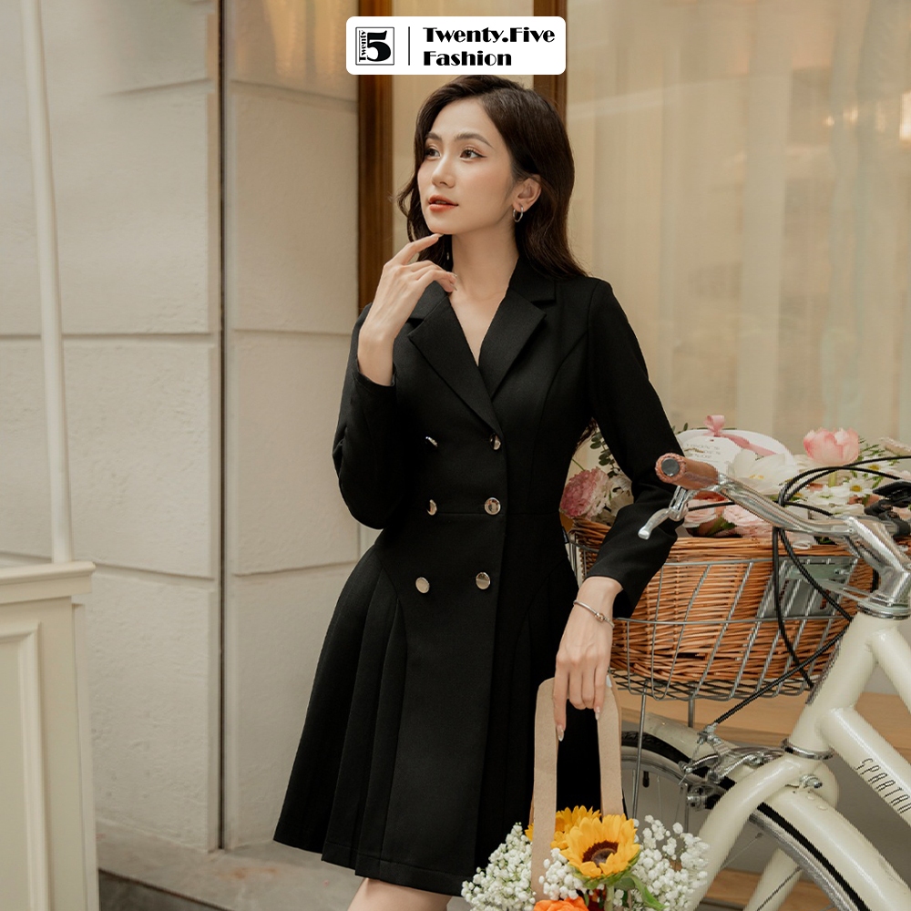 Đầm sơ mi Twentyfive cổ vest sang trọng đính cúc xếp ly eo hông SD166