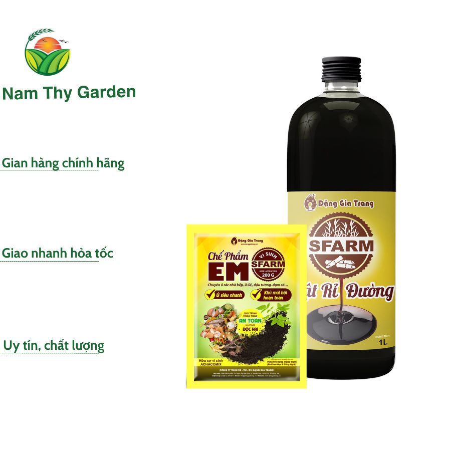 Combo ủ rác nhà bếp Sfarm gồm chế phẩm EM 200g Sfarm và mật rỉ đường 1 lít