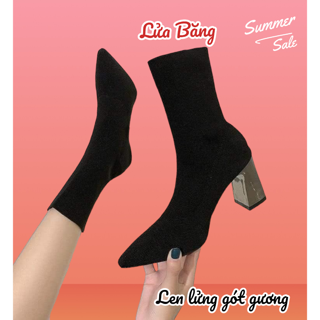 (chân gầy lùi 1 size) Bốt Len Lửng Boot Đùi Len Qua Gối Cao Cấp Gót Trụ Bạc 7 Phân boot nỉ khóa sau