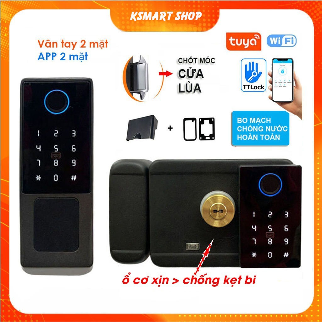 Khóa cổng vân tay 2 mặt chống nước dùng App TUYA/ TTLOCK Tiếng Việt