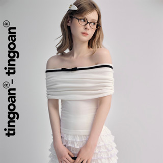 TINGOAN® - Áo trễ vai len xù trắng phối nơ giữa zúm thân MEIMEI TOP/WH
