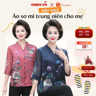 Áo sơ mi trung niên nữ đẹp áo voan lụa hoa thược dược, mặc mát, không nhăn, thanh lịch cho mẹ và bà