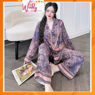 Đồ bộ mặc nhà Pijama tiểu thư, đồ ngủ nữ lụa latin tay dài mềm mịn mát Freesize dưới 68kg WINDY BOUTIQUE