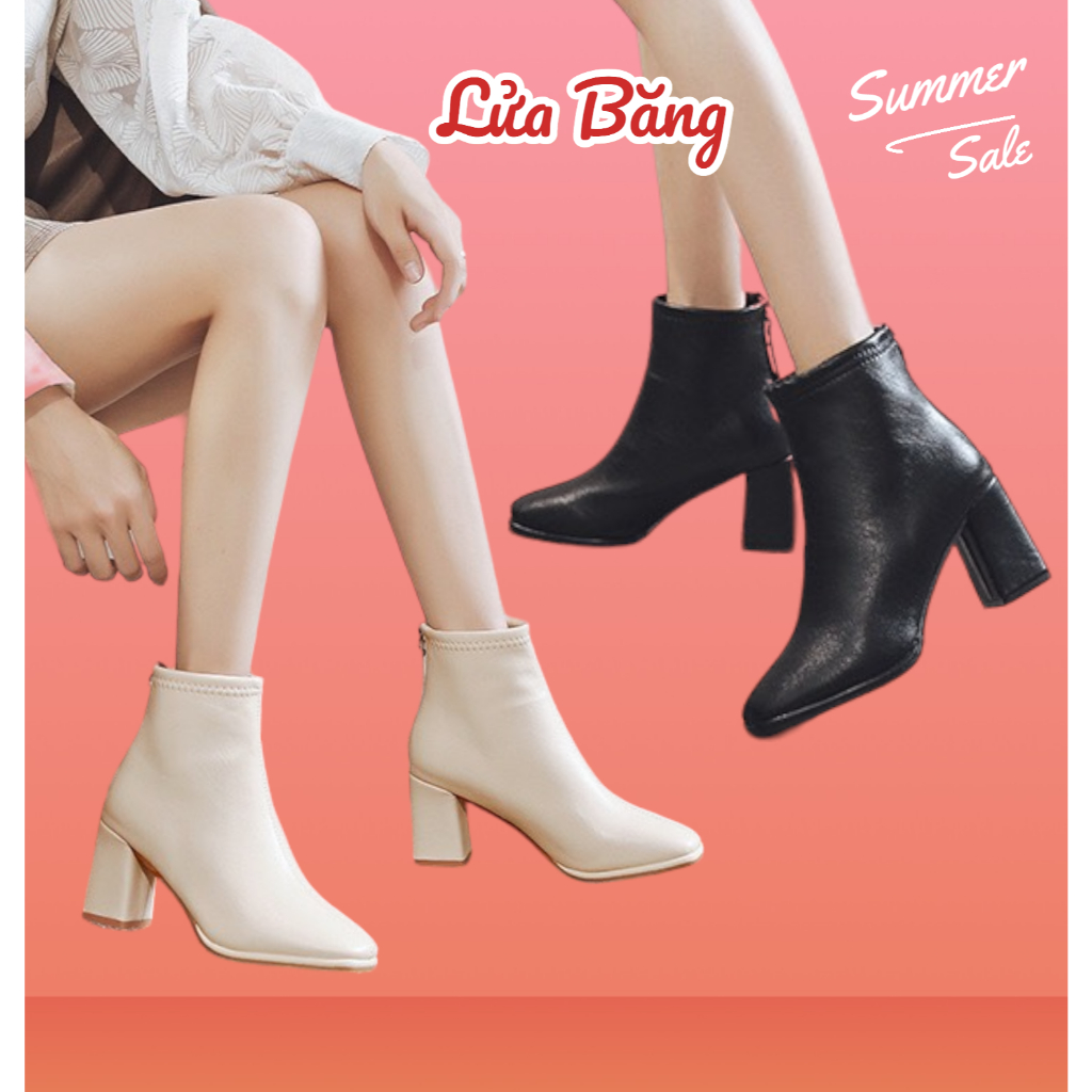 Boot nữ cổ lửng gót vuông da lì khóa kéo sau tiện lợi bên trong có lót lông 8257 và 5261 gót 5cm và 7cm Fullbox QC