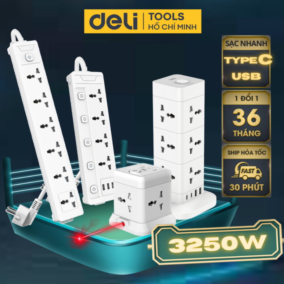 Ổ Cắm Điện 3250W-2500W Tích Hợp Cổng USB TypeC Đa Năng DELI, 2-6 Lỗ Cắm Đầu 3, Dây 2-5M Tiện Dụng, An Toàn,Chống Cháy Nổ