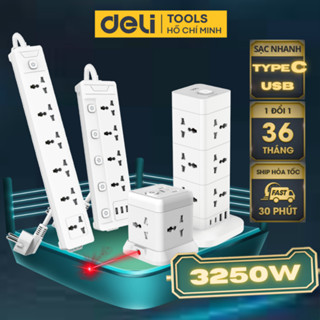 Ổ Cắm Điện 3250W-2500W Tích Hợp Cổng USB TypeC Đa Năng DELI, 2-6 Lỗ Cắm Đầu 3, Dây 2-5M Tiện Dụng, An Toàn,Chống Cháy Nổ