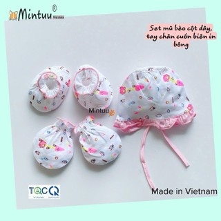 Set nón bèo cột dây - bao tay chân in bông cho bé gái, hiệu MINTUU, vải 100% cotton - 9034