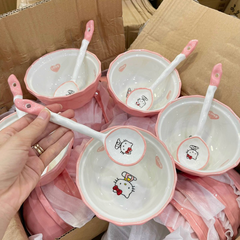 Bát Ăn Cơm Bát Chè Đĩa Sứ Chén Dĩa Sứ Dễ Thương Cute Decor Cao Cấp Họa Tiết Mèo Helokity Màu Hồng  Xinh Yêu cho gia đình
