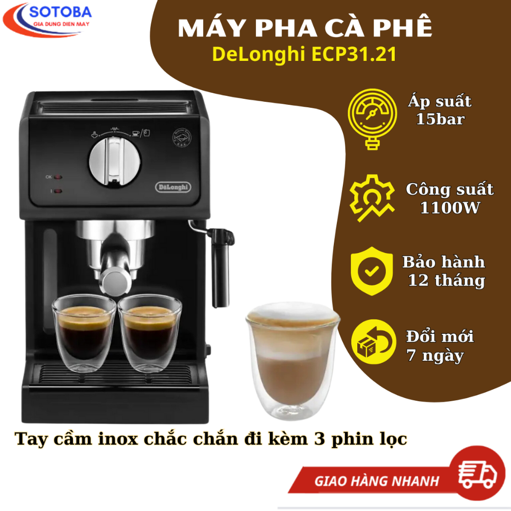 Máy pha cà phê DeLonghi ECP31.21, có vòi đánh sữa, 3 phin lọc, công suất 30-38ly/ngày, bảo hành chính hãng 12 tháng