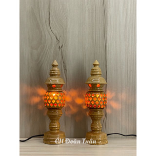 Cặp đèn thờ gỗ cánh mai, Đèn gỗ sồi trang trí bàn thờ cao 24cm
