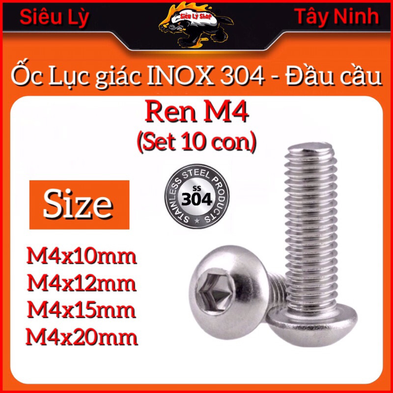 Set 10 con Bulong Lục giác INOX 304 - Đầu dù tròn (Đầu cầu) - REN M4*0.7mm (Đk REn 4mm, Khóa LG 2.5m