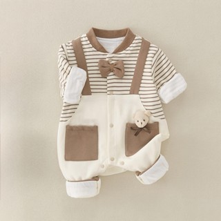  Bodysuit dài tay cho bé trai bé gái vải zip lông dày dặn Đồ liền thân Áo liền quần trẻ sơ sinh Công tử Kẻ Nơ SLT149 