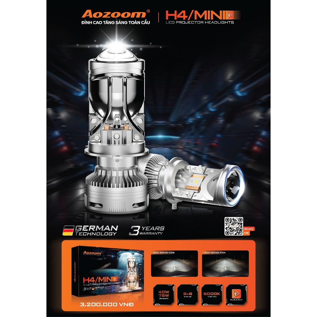 Bi cầu mini h4 aozoom đỉnh cao bi led 75w siêu khủng lắp đặt như zin cho xe máy và ôt bảo hành 3 năm
