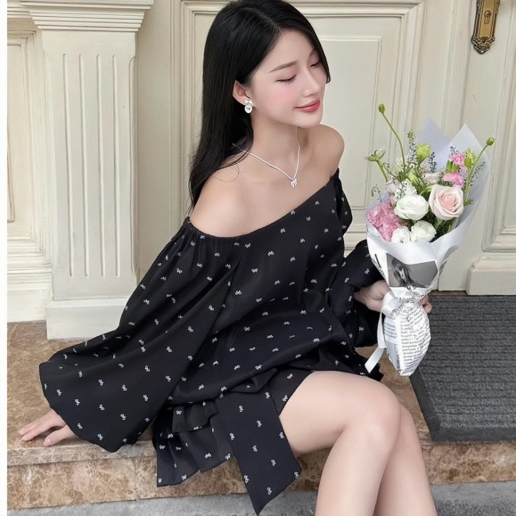 [VIDEO/ SẴN] VÁY TRỄ VAI DÁNG BÍ DÀI TAY BỒNG BO CHUN HÔNG ĐÍNH NƠ SIÊU XINH V14 | BigBuy360 - bigbuy360.vn