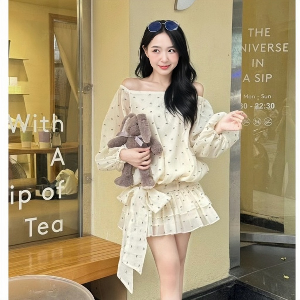 [VIDEO/ SẴN] VÁY TRỄ VAI DÁNG BÍ DÀI TAY BỒNG BO CHUN HÔNG ĐÍNH NƠ SIÊU XINH V14 | BigBuy360 - bigbuy360.vn