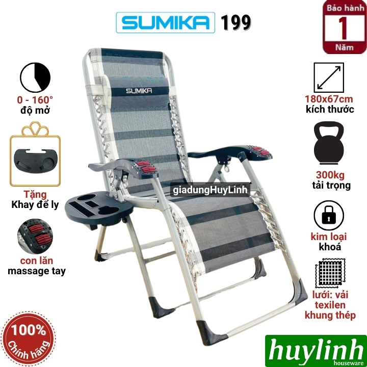 Ghế xếp gấp thư giãn Sumika 199 - Có con lăn tay massage - Tặng khay để ly - Khoá Kim Loại, tải trọng 200kg