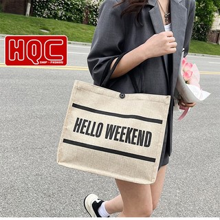 Túi cói kèm ví hello weekend mẫu mới, túi cói đi biển du lịch phong cách hàn quốc, sang chảnh HQC-036