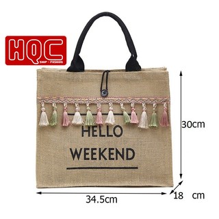 Túi cói đi biển, túi cói đi du lịch hello weekend tua rua mẫu mới siêu hot 2025 HQC-037