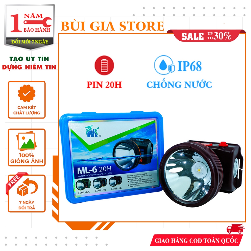 Đèn pin đội đầu chống thấm nước ML6C (20H) - Đèn pin thợ lặn, đi rừng, hầm mỏ