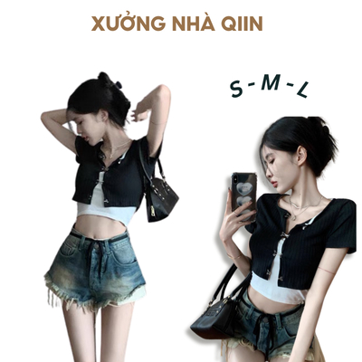 Áo thun croptop tay ngắn cài khuya kèm áo ống mang phong cách Sexy Q52