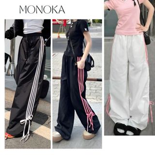 Quần dài ống rộng kaki cạp chun lưng cao 4 sọc thắt dây nơ Quần ống suông nữ đen trắng thể dục thể thao T445G MONOKA