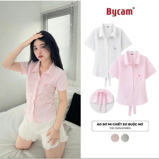 Áo sơ mi chiết eo buộc nơ có túi ngực dành cho nữ phong cách hàn quốc