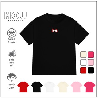 Áo thun nữ baby tee Nơ Đỏ  HOU boutique chất thun cotton 250Gsm 2 chiều top cổ tròn Women Đen   AT41