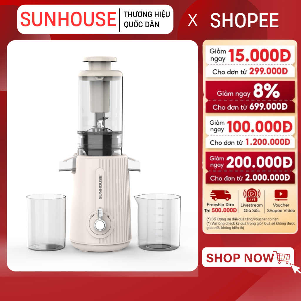 MÁY ÉP CHẬM SUNHOUSE SHD5516 - Ép kiệt bã, Làm kem, Bảo hành chính hãng 12 tháng