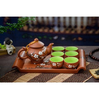 Ấm chén tử sa quai rồng, đắp trúc Bát Tràng