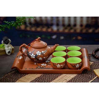 Ấm chén tử sa quai rồng, đắp trúc Bát Tràng