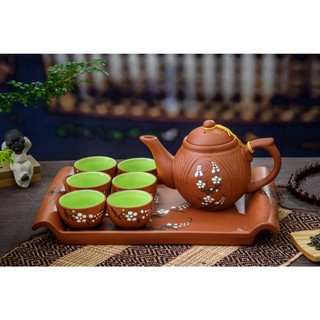 Ấm chén tử sa quai rồng, đắp trúc Bát Tràng