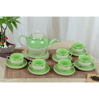Ấm chén hoa đào men trắng